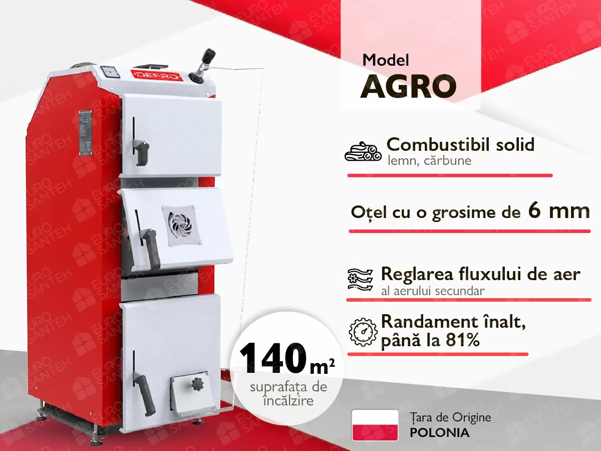 Cazan pe combustibil solid cu incarcare manuala DEFRO AGRO 14 kW